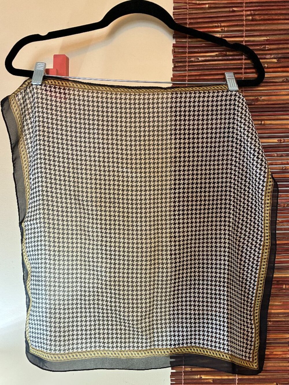 Vintage Houndstooth Silk Feel Square Scarf Black Gold Border Academic Chic